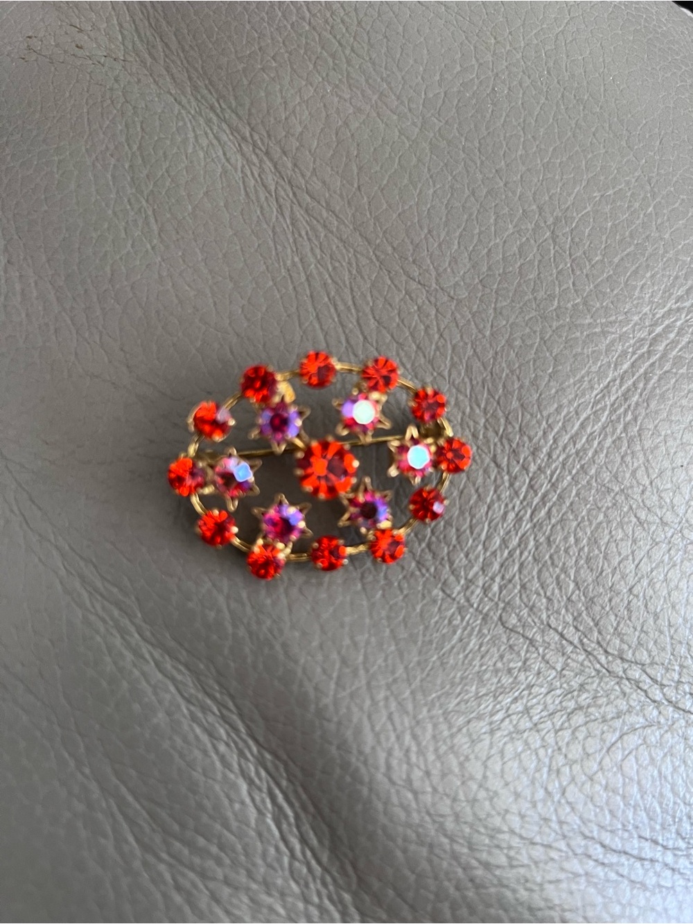 VTG Austrian Red Crystal Floral Brooch. 1950s